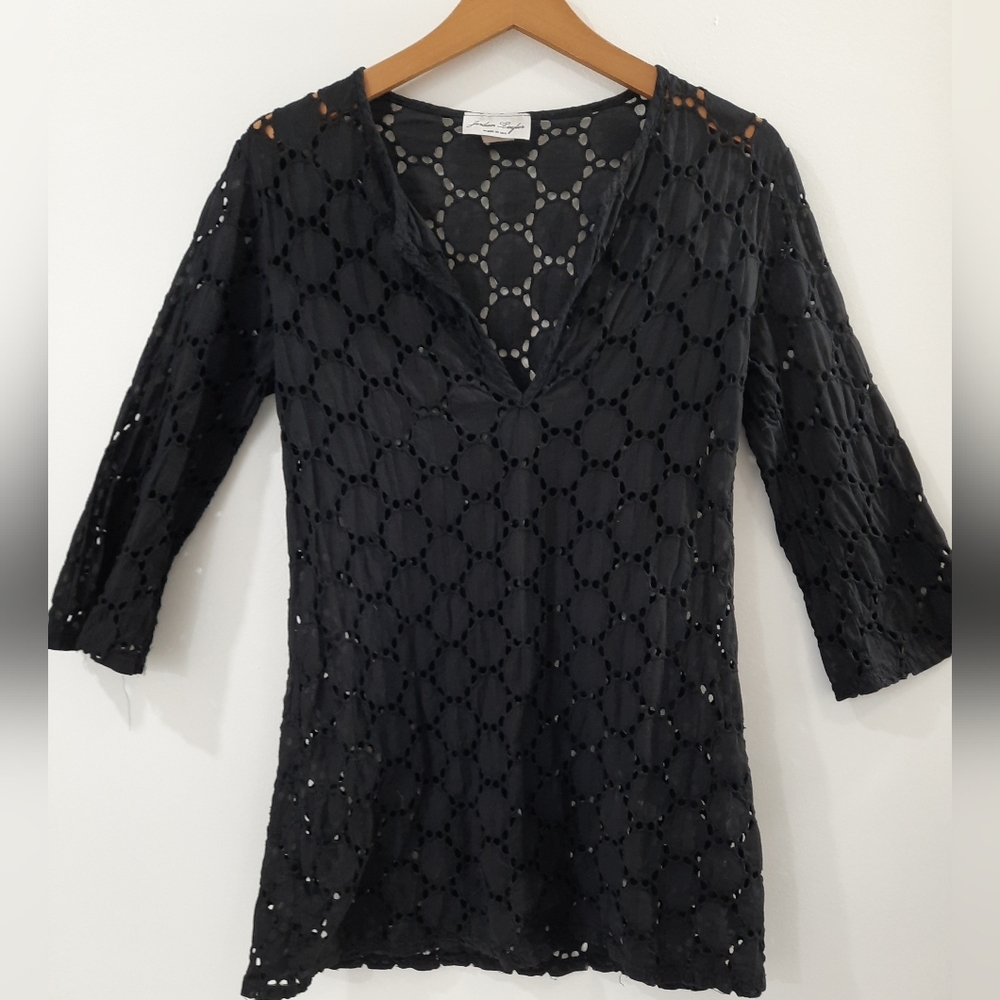 Jordan Taylor Vintage Black Eyelet V-Neck Swim Coverup Small EUC